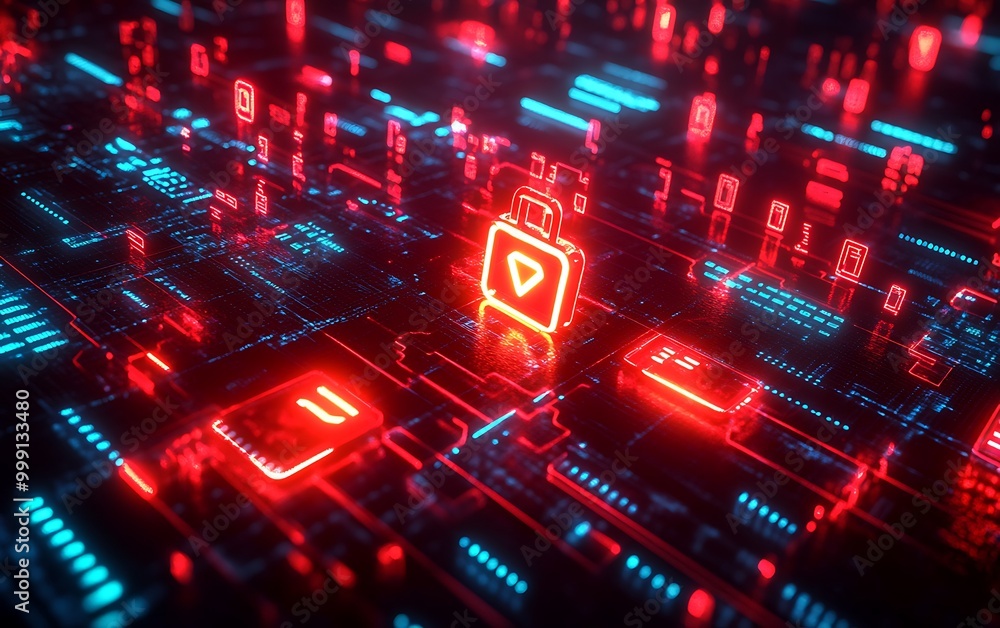 Poster Glowing Network of Encrypted Data with Cyber Threats Attempting Breach Held Back by Locks and Firewalls