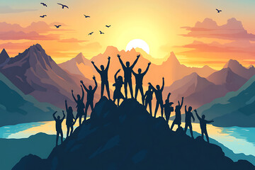Fototapeta premium A group of people celebrating on a mountain peak during a colorful sunset.