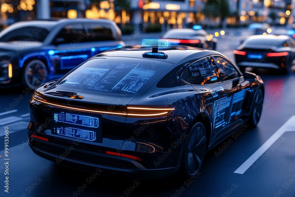 Poster Futuristic control system in a self-driving city, where autonomous vehicles and smart infrastructure are monitored by real-time AI algorithms
