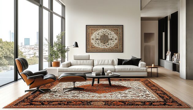 fine hand knotted traditional persian rug in modern luxury living room, bright room, nuetral colors, american style