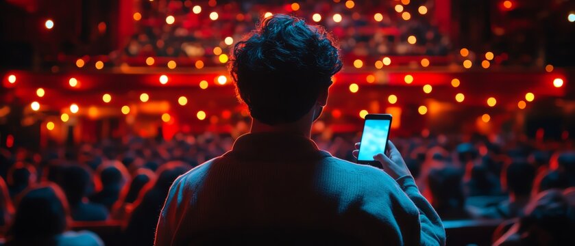 an aisle usher in a crowded dimly lit broadway theater holding up his phone