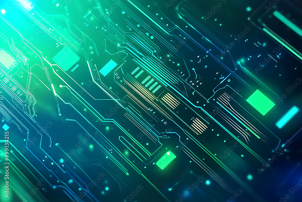 Poster abstract digital circuit board design with glowing elements and interconnected lines.