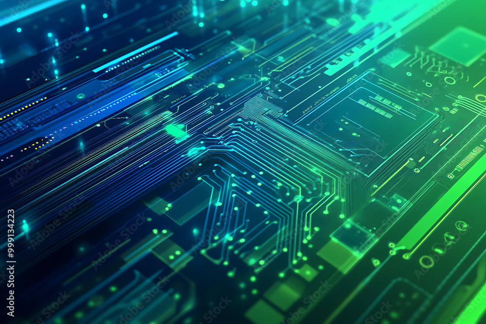 Poster abstract digital circuit board with glowing lines and nodes, representing technology and data.