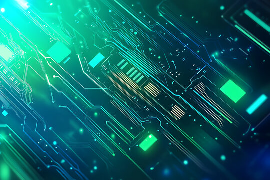 Abstract digital circuit board design with glowing elements and interconnected lines.