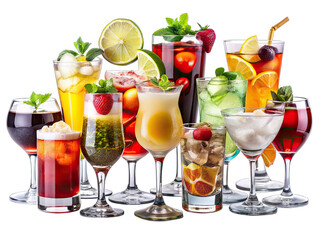 A selection of different cocktails and mocktails in various glass types are arranged on a white...