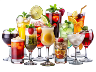 A selection of different cocktails and mocktails in various glass types are arranged on a white surface. The drinks are colorful and decorated with fruit and mint