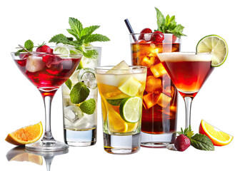 Five glasses of assorted cocktails with various garnishes, including lime wedges, strawberries, and mint leaves, are displayed on a white background