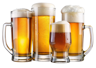 Four beer mugs, three of which are traditional handled mugs and one is a stemmed glass, are filled to the brim with a variety of golden beers