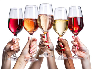 Multiple hands with red nail polish raise a toast with five different wine glasses filled with various wines