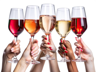 Multiple hands with red nail polish raise a toast with five different wine glasses filled with various wines
