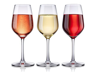 Fototapeta premium Three wine glasses, one filled with white wine, one with rose, and one with red, on a white background