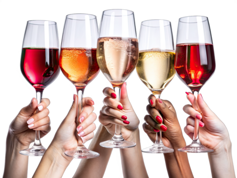 Multiple hands with red nail polish raise a toast with five different wine glasses filled with various wines - Powered by Adobe