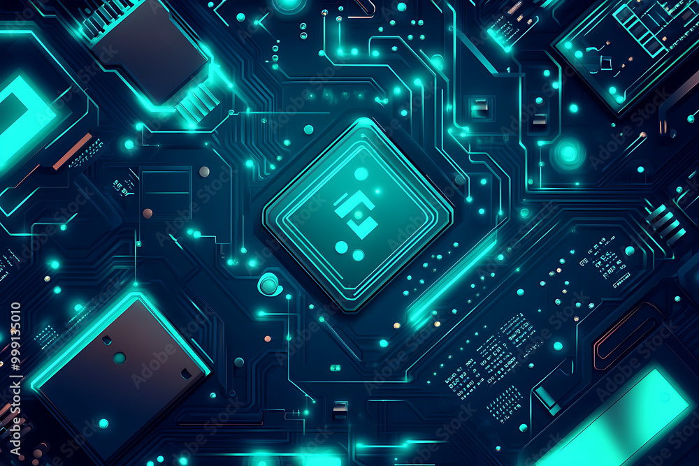 Poster a close-up view of a futuristic circuit board with glowing elements and a central chip.