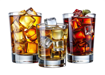 Three glasses of iced beverages, each containing ice cubes, are shown against a white background. One glass holds a dark red drink, one a pale yellow drink, and the other an amber drink