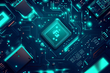 Fototapeta premium A close-up view of a futuristic circuit board with glowing elements and a central chip.