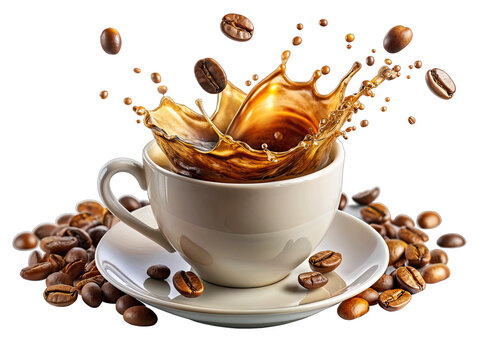 White coffee cup on matching saucer with scattered beans. Cup filled with dark coffee splashing high in the air with beans in the splash