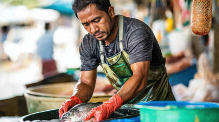 A middle-aged man with dark hair prepares a fresh fish at an outdoor market, wearing a black shirt, green apron, and red gloves.