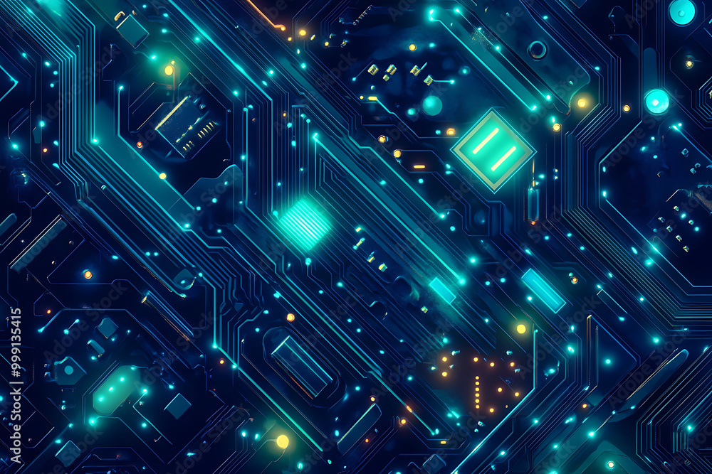 Poster abstract digital circuit design with glowing elements and intricate patterns.