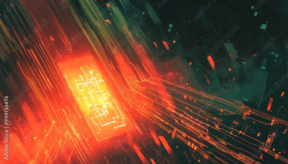 Poster Illustration of Cyber Attack with Dark Digital Lines and Glowing Firewall Protecting Sensitive Data