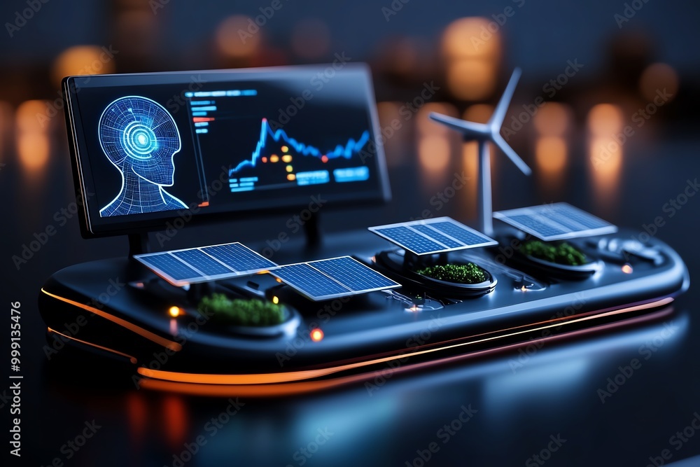 Poster Futuristic energy control system for a renewable energy grid, where AI monitors solar, wind, and hydro power output in real-time
