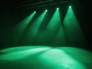 enigmatic green spotlights illuminate an empty stage floor casting dramatic shadows in a pitchblack room the interplay of light creates an air of anticipation and mystery