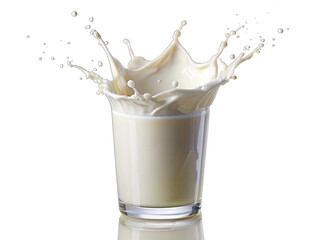 A glass of milk with a dramatic splash of liquid against a white background. The milk is spilling out of the glass, creating a crown-like shape