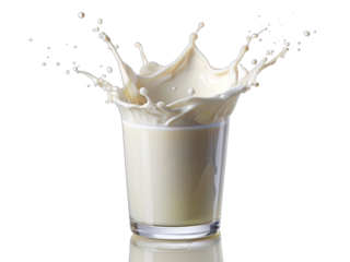 A glass of milk with a dramatic splash of liquid against a white background. The milk is spilling out of the glass, creating a crown-like shape