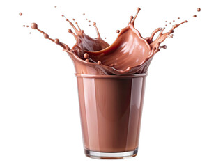 A glass of chocolate milk with a large splash, isolated on a white background