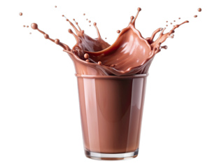 A glass of chocolate milk with a large splash, isolated on a white background