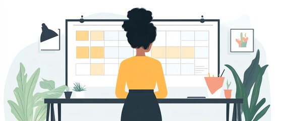 Woman organizing schedule on large calendar, planning events and deadlines