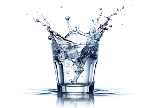 A glass of water with a large splash frozen in time, isolated on a white background