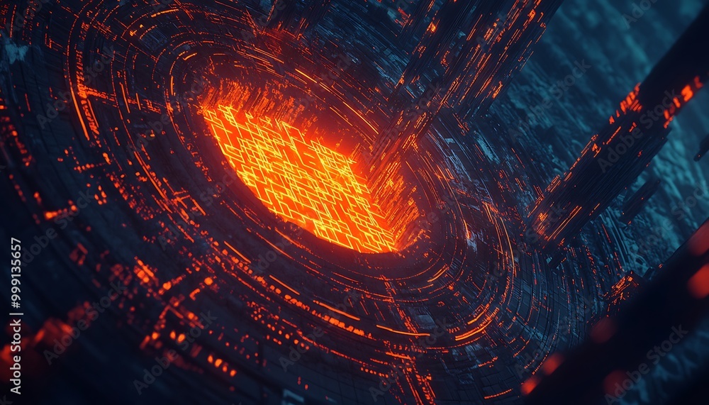 Poster Illustration of Cyber Attack with Dark Digital Lines and Glowing Firewall Protecting Sensitive Data