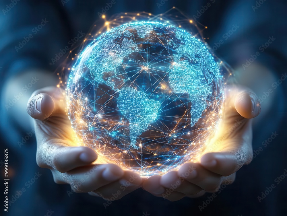 Poster ethereal hands cradling a translucent globe overlaid with a luminous network of digital connections 