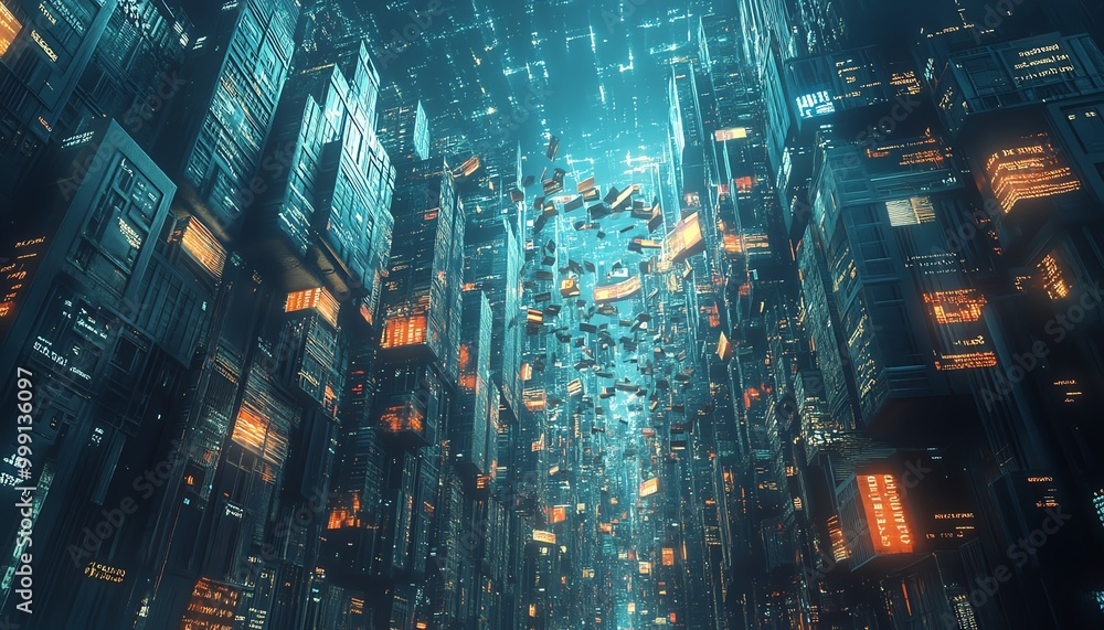 Poster a futuristic cityscape where holographic books and digital words flow through the air, showing the a