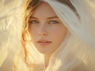 ethereal portrait of a woman with luminous skin and gossamerlike fabric draped around her soft focus and dreamy lighting create an otherworldly atmosphere