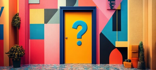 A bright, whimsical door with a question mark on it, surrounded by playful patterns and vibrant colors