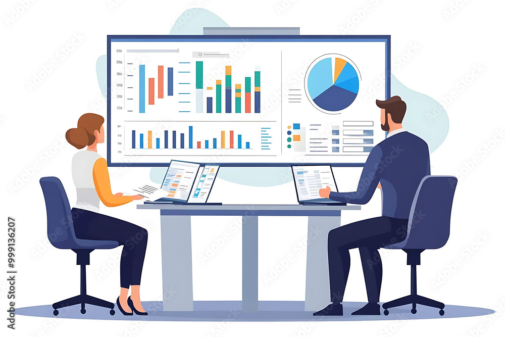 Poster two professionals analyzing data on laptops with a large screen displaying charts.