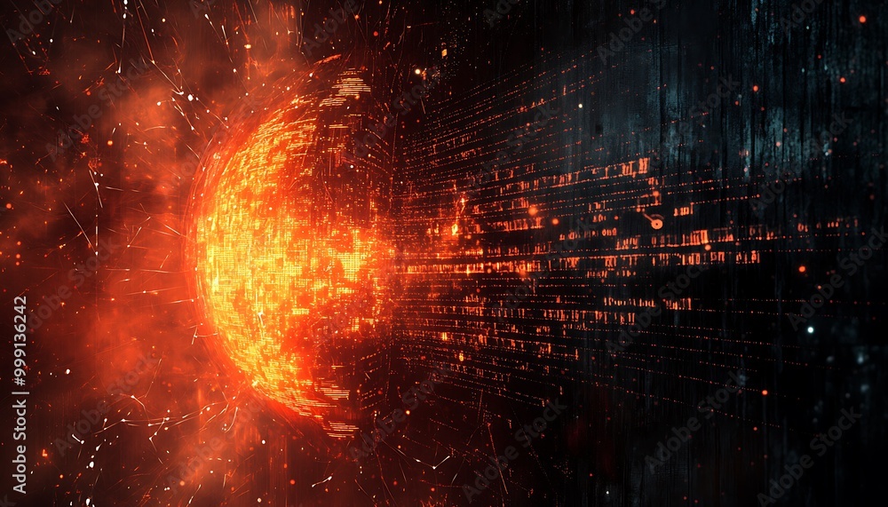 Poster Illustration of Cyber Attack with Dark Digital Lines and Glowing Firewall Protecting Sensitive Data