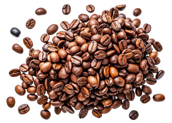 Roasted coffee beans falling in mid-air against a black background