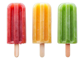A red, yellow, and green popsicle lolly on wooden sticks, isolated against a white background