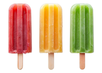 A red, yellow, and green popsicle lolly on wooden sticks, isolated against a white background