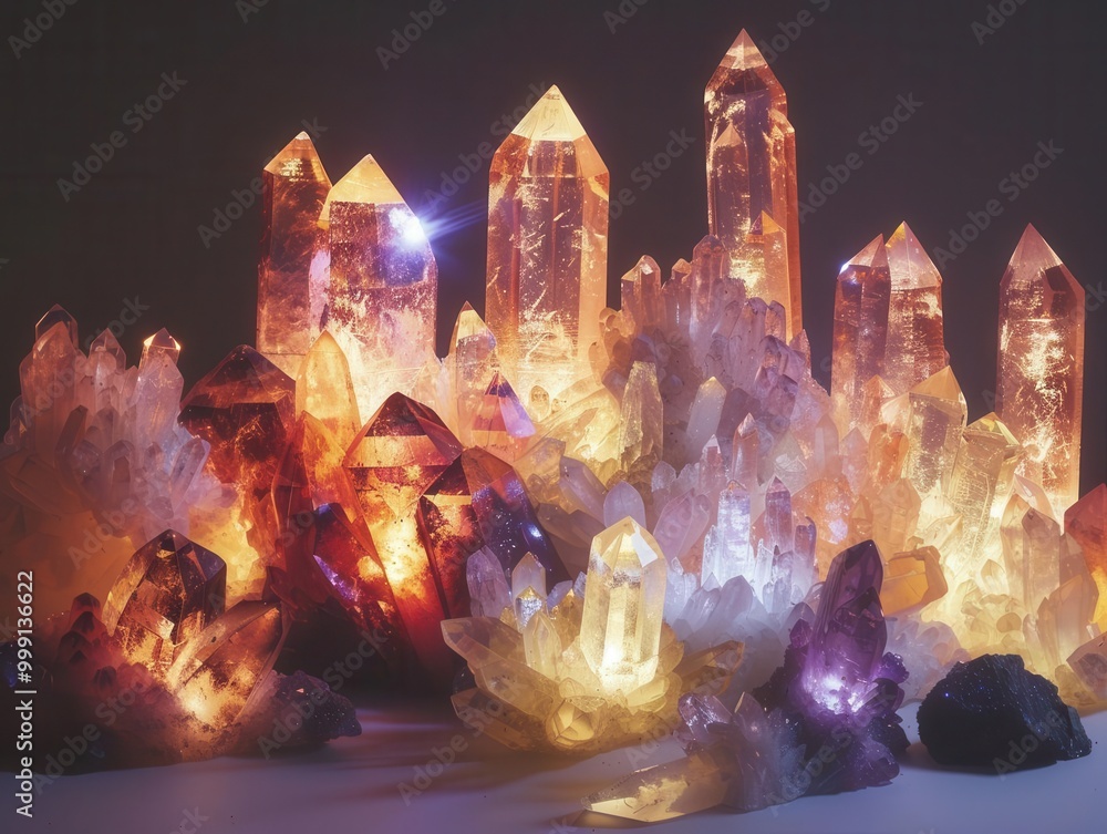 Poster ethereal glowing rare earth minerals in various crystalline formations soft otherworldly light emana