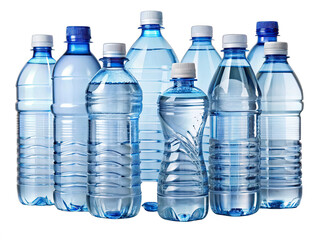 Eight plastic water bottles are arranged in a row against a white background, showcasing their clear, blue, and slightly textured design