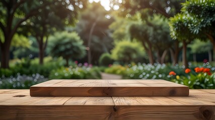 Empty wooden product display table top with blurred garden background nature scene podium Generative AI