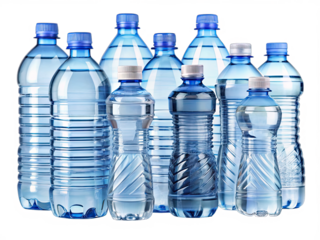 A group of ten plastic water bottles, varying in size and shape, are arranged in a staggered formation against a plain white background
