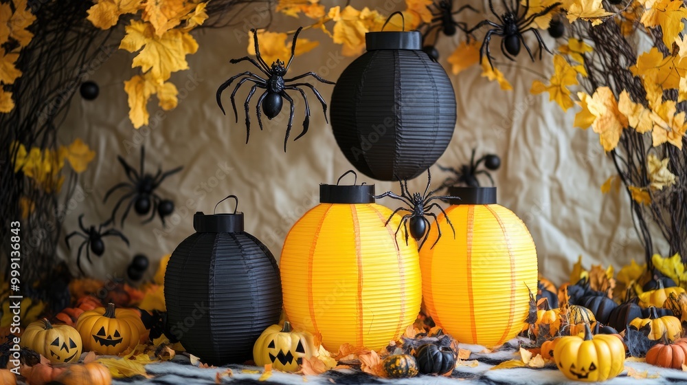 Wall mural Halloween Decorations with Black and Yellow Lanterns and Spiders