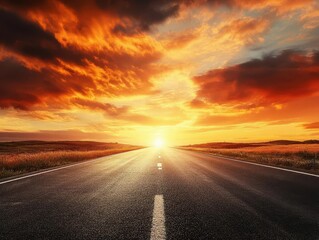 Naklejka premium expansive asphalt road stretches towards a breathtaking twilight sky warm hues paint the horizon creating a serene yet dramatic scene that evokes a sense of journey and possibility
