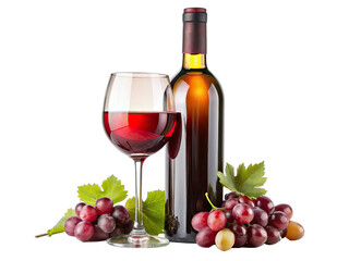 A single glass of red wine sits beside a full bottle of wine and a bunch of grapes on a white background