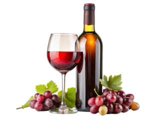 A single glass of red wine sits beside a full bottle of wine and a bunch of grapes on a white background