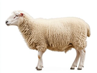 Obraz premium fluffy white sheep standing in profile detailed wool texture isolated on pure white background